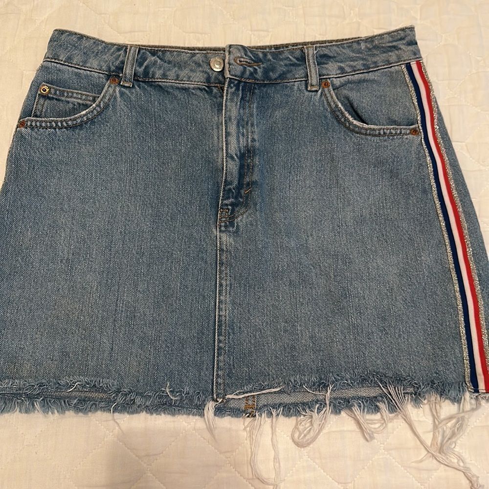 NWOT Topshop Moto Red White Blue & Sparkle Glitter Size Strip Skirt Size 8 - Picture 7 of 15